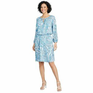 White House Black Market Size 2 Paisley Print Long Sleeve Dress  Blue & White Po